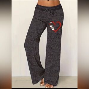 Heart & Paw Print Drawstring Pants, Casual Wide Leg Pants, Women's Clothing XXL